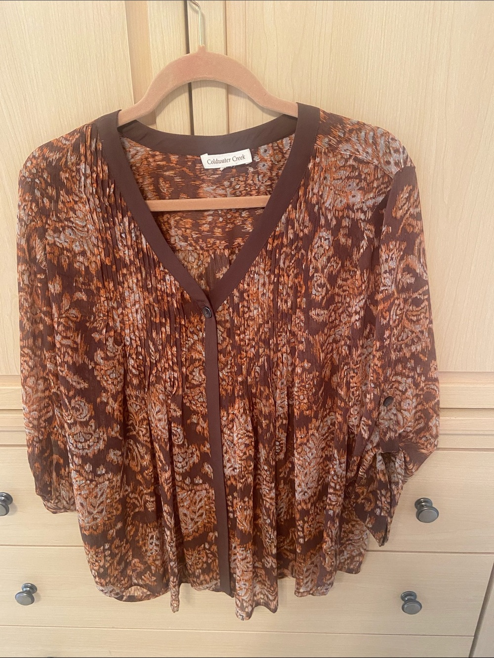 Coldwater Creek Brown & Cream Printed V-Neck Button Blouse